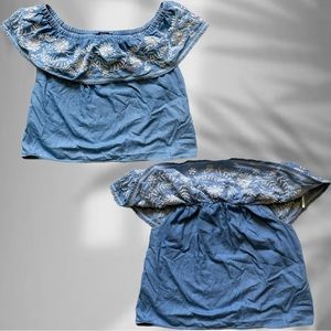 Blue Off Shoulder Floral Blouse